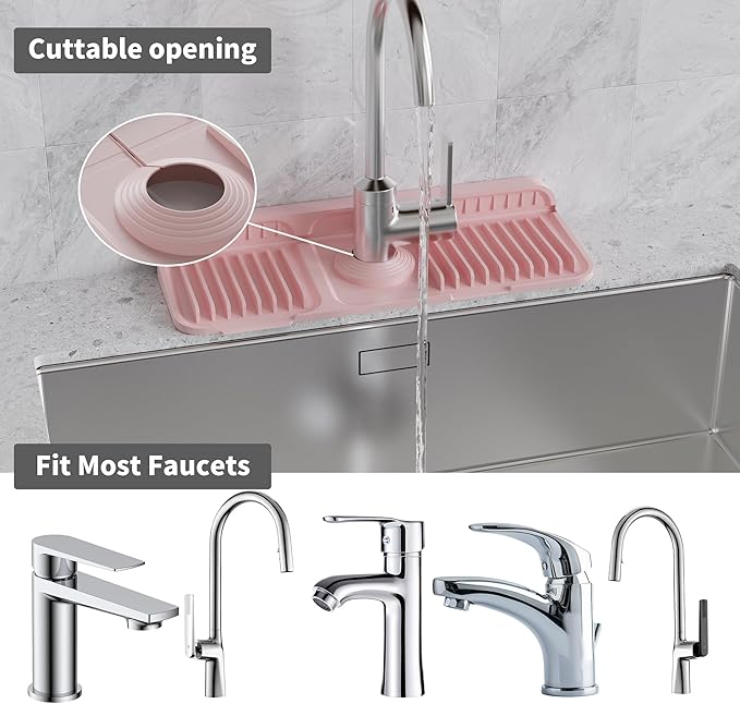 WAFT YEARN 14X5 Inch Silicone Durable Faucet Mat Kitchen Sink Splash Guard Draining Protector Tray Liner Absorbent Protective Counter Accessories For Sink Kitchen Bathroom Laundry Room Bar & RV Pink