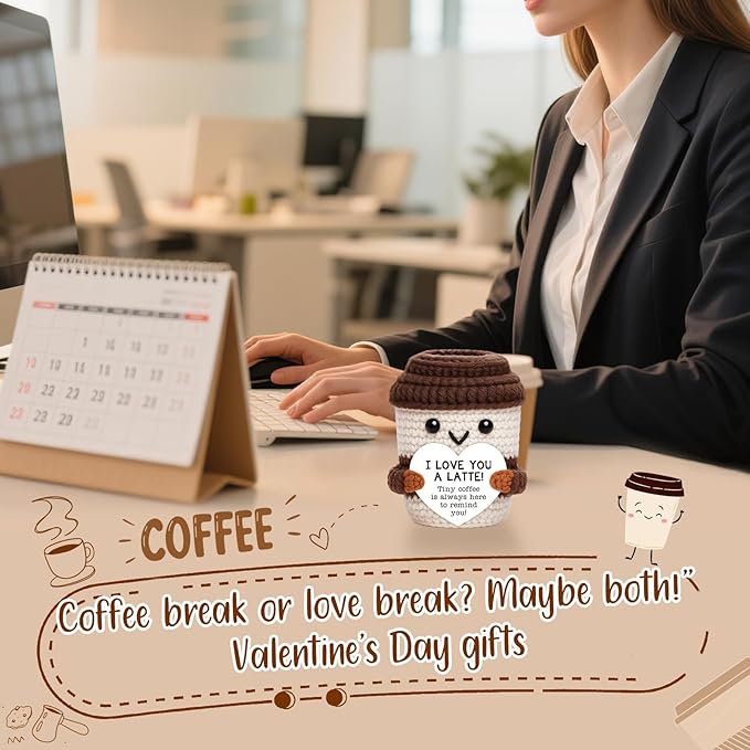 OCCdesign Mini Anniversary Birthday Gift I Love You Appreciation Present for Teacher Mom Dad Handmade Crochet Coffee Set with Coffee Lover Gifts Thank You Birthday Present