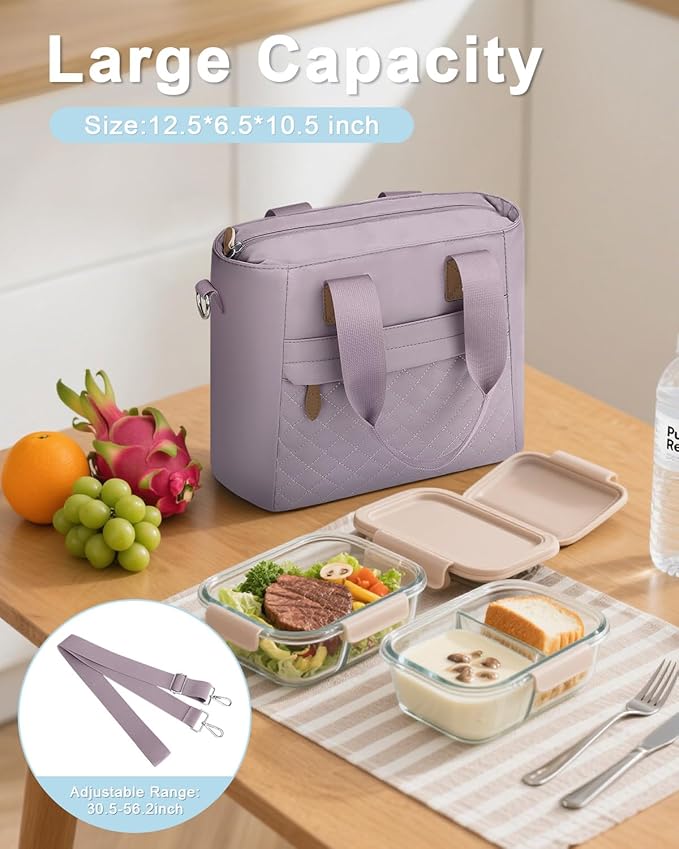 Insulated Lunch Box for Kids School - Large Thermal Lunch Bag Women with Removable Shoulder Strap, Reusable Lunch Cooler Tote Bags Purse for Adults Work, Picnic, Hiking, Beach, Travel, LargePurple