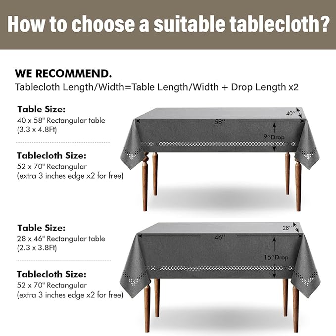 MIULEE Grey Rectangle Linen Polyester Tablecloth with Decorative Cutouts Spring Waterproof Stain Resistant & Shrink-Proof Table Cloth 52x70 inch Farmhouse Style for Dining Wedding and Outdoor