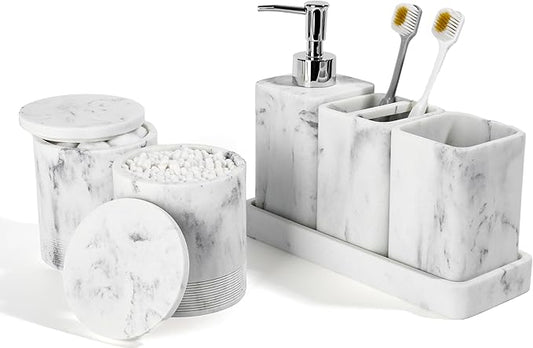 YMXYJM Bathroom Accessories Set, 6 Piece Bathroom Set with Toothbrush Holders, Soap Dispenser, Vanity Tray, Tumbler, Cotton Swab Jars, Bathroom Organizer，Bathroom Sink Sets, Artificial Marble White