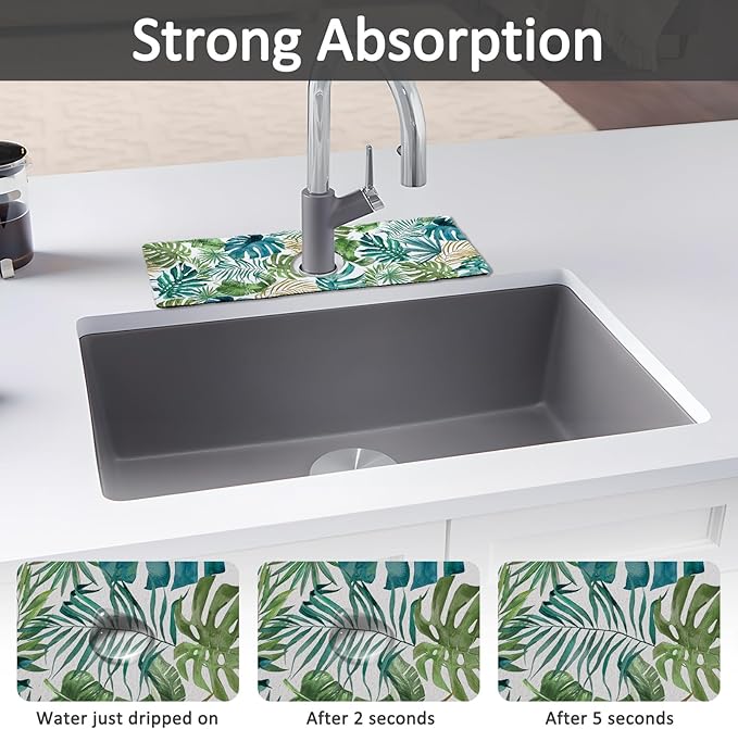 15" X 5.5" Kitchen Sink Splash Guard Faucet Mat Leaf Super Absorbent Fast Drying Faucet Guard & Draining Mat Sink Splash Guard Behind Faucet for Kitchen, Bathroom