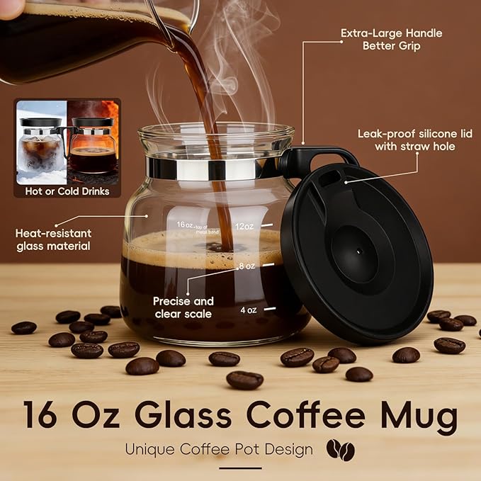 16 Oz Coffee Pot Mug,Mini Coffee Pot Cup,with Spill Proof Lid Heatproof Glass Mug Large Capacity ideal Gift for Coffee Lovers (2Pcs)