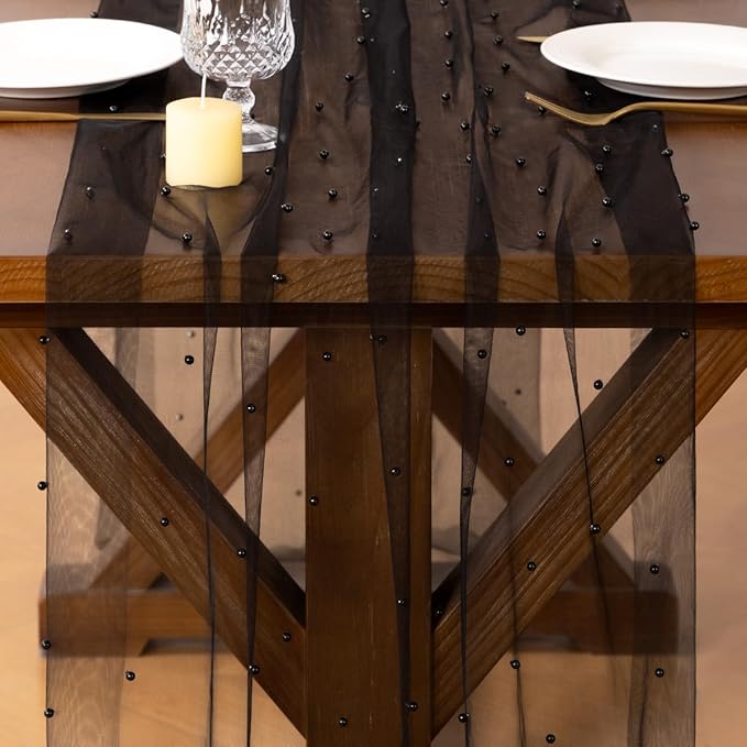 Socomi Pearl Table Runner Tulle Summer Cheesecloth 10FT Gauze Cheese Cloth Sheer Chiffon Wedding Birthday Party Baby Shower Bridal Anniversary Holiday Centerpiece Table Decor 3pcs Black