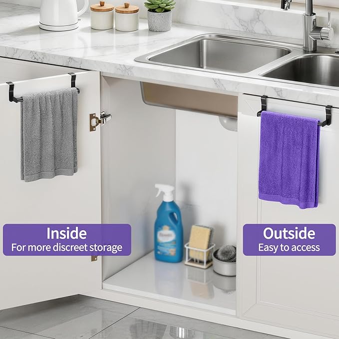 Over Cabinet Towel Holder, 2 Pack Kitchen Cabinet Door Towel Bar, Stainless Steel Over the Cabinet Dish Towel Rack for RV, Black