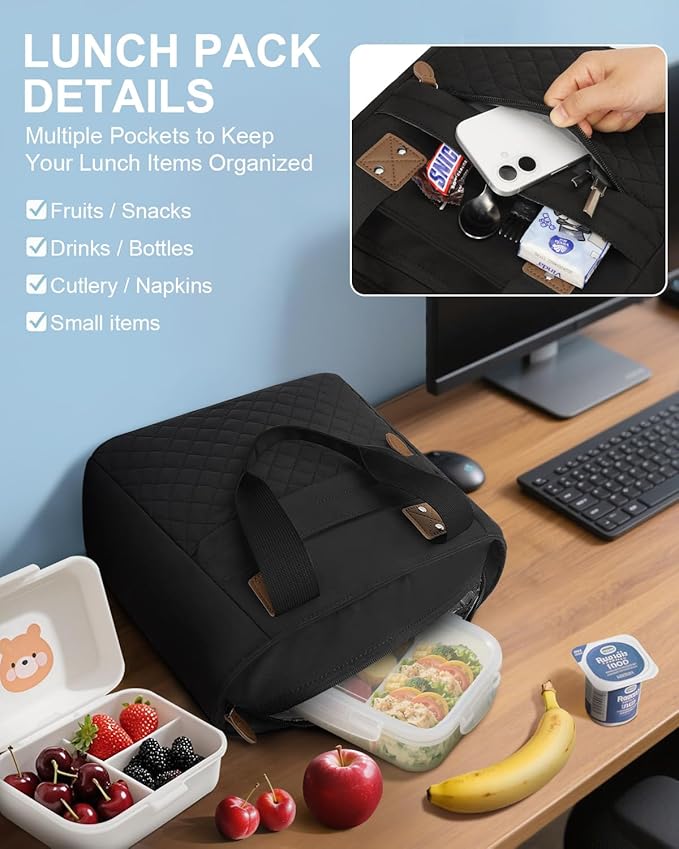Insulated Lunch Box for Women & Men - Large Thermal Lunch Bag Women with Removable Shoulder Strap, Reusable Lunch Cooler Tote Bags Purse for Adults Work, Picnic, Hiking, Beach, Travel, Large，Black