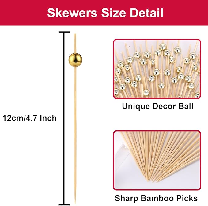 200 Pcs Cocktail Picks, Gold Plastic Ball Decor Skewer for Appetizers, Fruit, Kebabs, Mini Burger, Bamboo Skewers for Drinks, Handheld Toothpicks, Food Sticks Natural, Kitchen Gadget