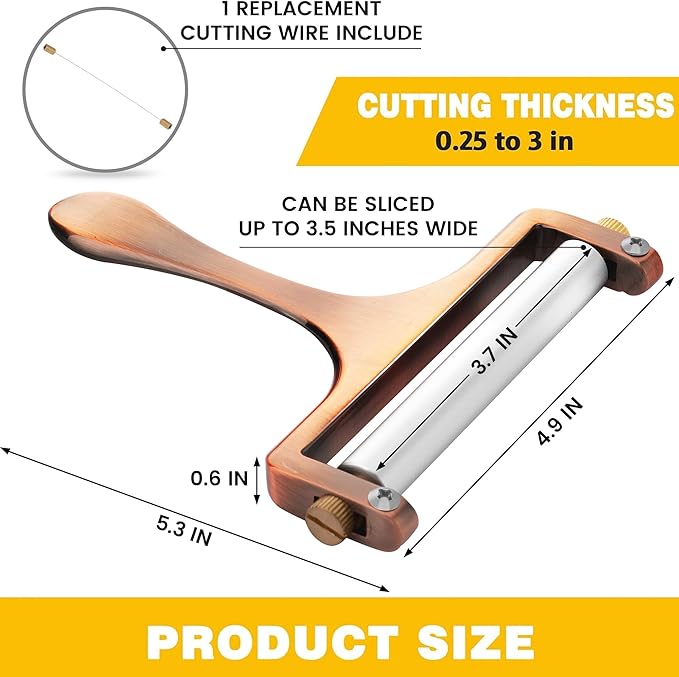 TOPULORS Cheese Slicer - Cheese Cutter - Stainless Steel Wire Cheese Slicer for Mozzarella, Cheddar, Gouda, And More Block Cheese - Heavy Duty Slicer With 1 Extra Replacement Cutting Wire