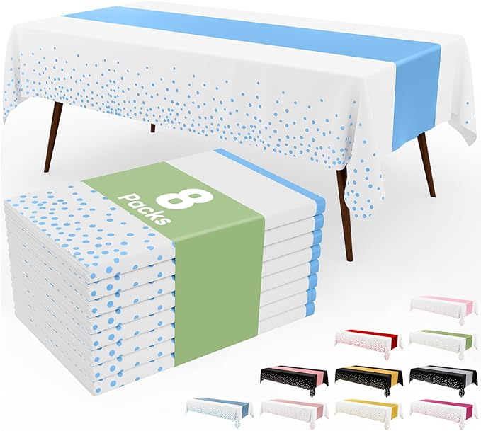 Smiry Plastic Table Cloth Disposable 8 Pack, 54 x 108 Inch Rectangle Waterproof Tablecloth, Printed Gold Table Runner Style for Birthday Weeding, Party, Leakproof & Sturdy, White and Baby Blue