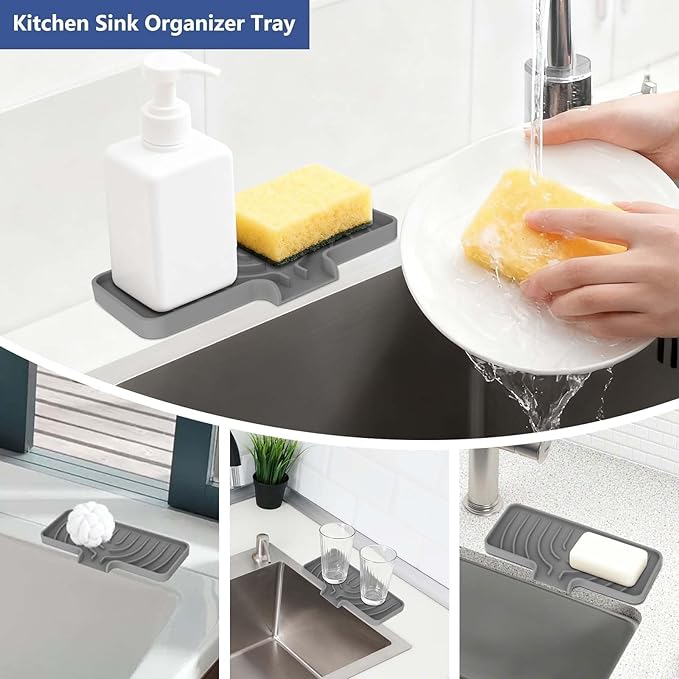 Silicone Sponge Holder for Kitchen Sink With Drain Spout, Self Draining, Kitchen Soap Tray, Bathroom Organizer, Sink Caddy (Gray, 10×4)