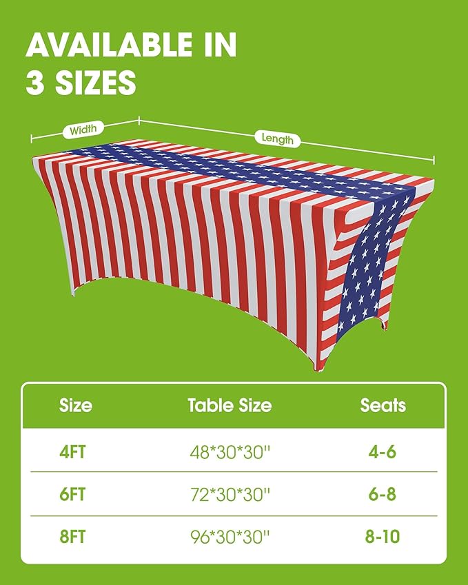 Pureegg 4th of July USA 250th Anniversary Spandex Tablecloth 6ft - 2 Pack, Patriotic American Flag Fitted Stretch Table Cover for 6 ft Rectangle Table, Tablecloth for Independence Day Party