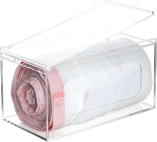 SEANADO Acrylic Trash Bag Dispenser, Wall Mount Kitchen Organizer Storage Box Holder for Garbage, Grocery, Plastic Bag Roll Container (Standard with Lid)