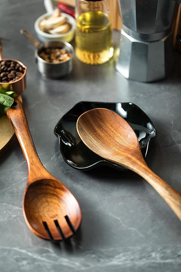 Spoon Rest for Kitchen Counter, 5.3" Ceramic Spoon Holder for Stove Top, Heat Resistant & Dishwasher Safe Cute Spoon Rests Spatula Holder for Multiple Utensils, Farmhouse Kitchen Decor Black