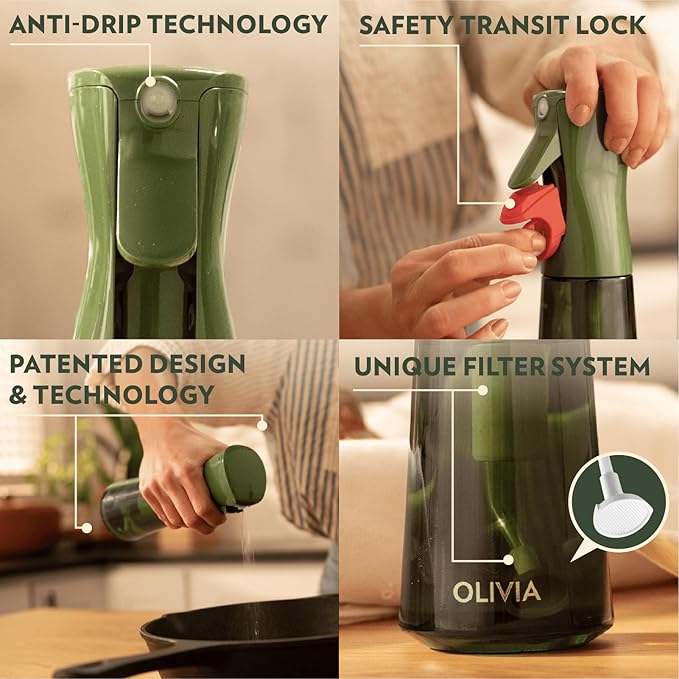 OLIVIA SIGNATURE Advanced Kitchen Oil Sprayer with Flairosol Technology, Fine Mist & Portion Control, Refillable Glass Olive Oil Cooking Spray Bottle for Air Fryer, Salad, BBQ, 200ml (Green, Gold)