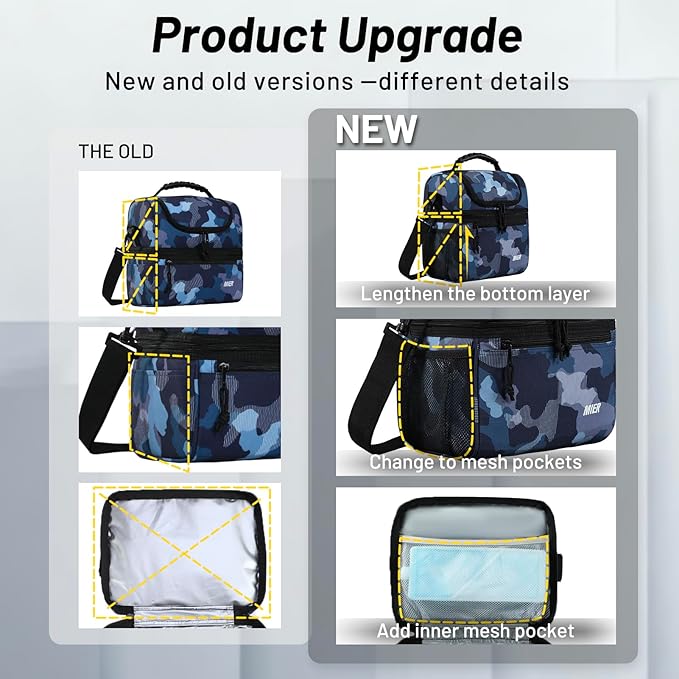 MIER Insulated Lunch Box Dual Compartment Lunch Bag Leakproof Cooler for Men Women Adult Work, Camo, Medium (Upgraded Extra-Tall Bottom Layer)