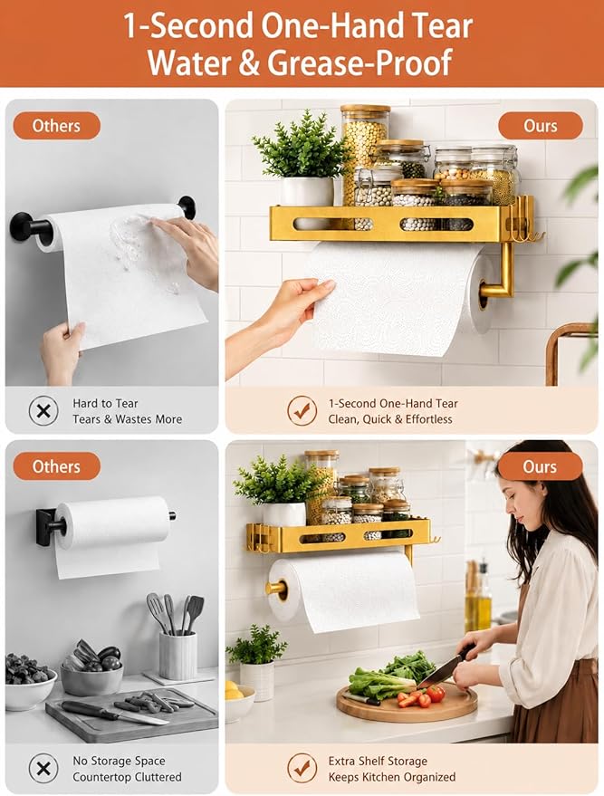 Paper Towel Holder Wall Mount with Shelf, Easy One Hand Tear, Adhesive Glue or Drill Mount Hanging Paper Towel Holder with Shelf for Kitchen/Bathroom/RV, Golden Metal, 4 Hooks