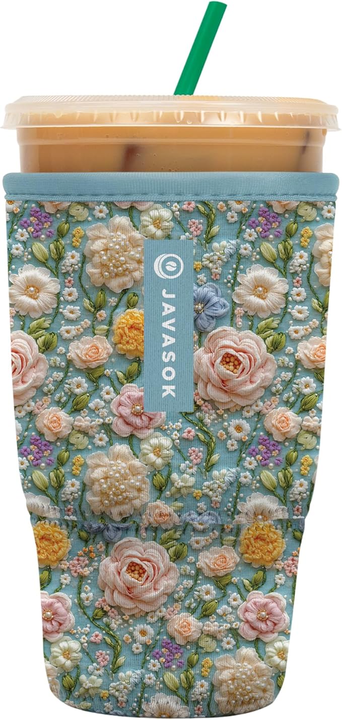 Sok It JavaSok Iced Coffee & Cold Soda Insulated Neoprene Cup Sleeve (Garden of Pearls, Large: 30-32oz)