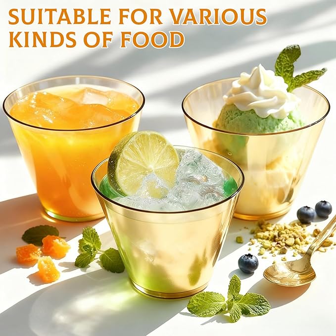 9 oz Clear Plastic Cups Glod Plastic Disposable Cups for Cocktail 50 Pack Fancy Cocktail Cup for Party Stemless Wine Glasses for Party Wedding Graduation Birthday World Cup