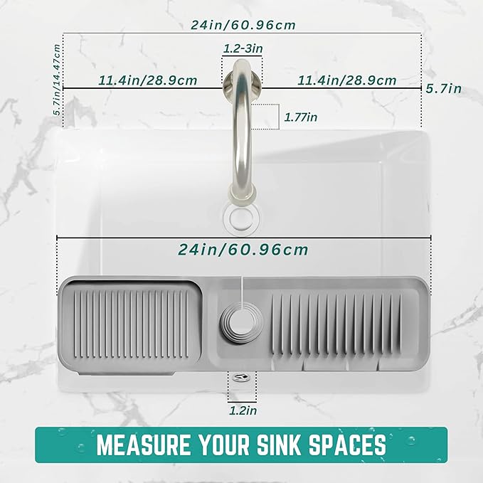 Faucet Mat for Kitchen Sink - Kitchen Sink Splash Guard with FREE Rubber Drain Insert - Faucet Guard Draining Mat, Faucet Mat Dish Soap Sponge Holder for Kitchen Sink (Gray, 24 Inch)