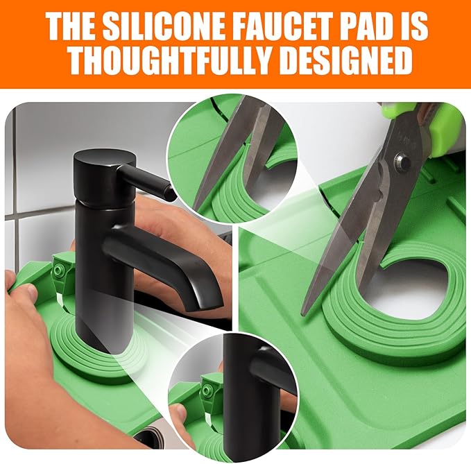 14.5" Green Silicone Faucet Mat for Kitchen Sink – Button Style Faucet Drip Catcher Sink Splash Guard with 6° Slope, Behind Faucet Draining Mat | Leak-Proof Countertop Protector for Kitchen Bathroom