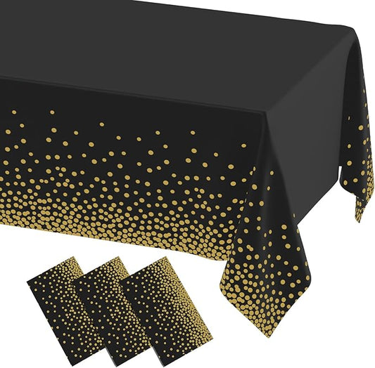 misaya 3 Packs Dot Disposable Table Cloth, 54 x 108 Inch Waterproof Plastic Tablecloth, Rectangle Gold Dots in Black Table Covers for Picnic, Birthday, Party