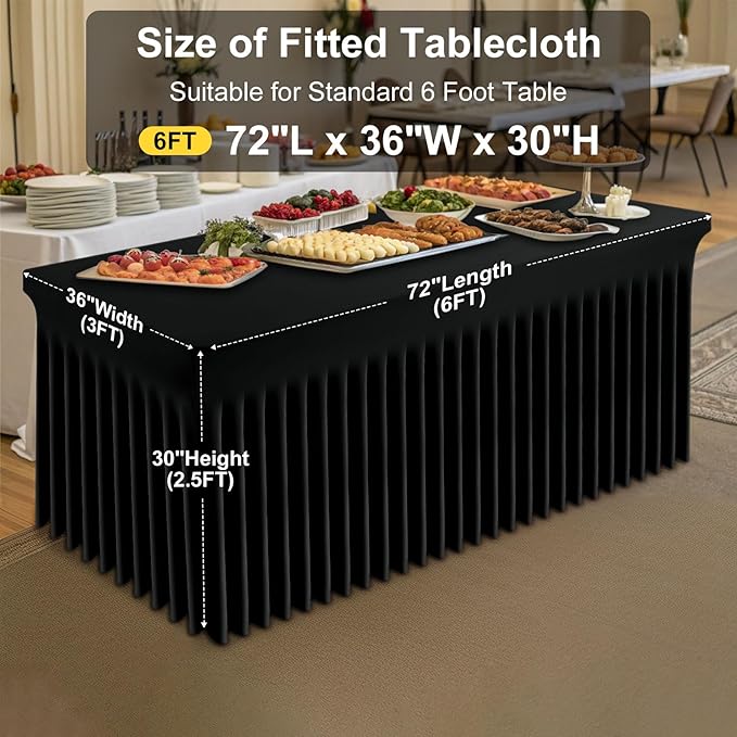 Smiry Spandex Tablecloth, Elastic Fitted Stretch Tablecloth for 6FT Rectangle Tables, Waterproof Washable Table Cover Skirt for Outdoor, Wedding, Banquet & Parties (Black, 72Lx36Wx30H Inch)