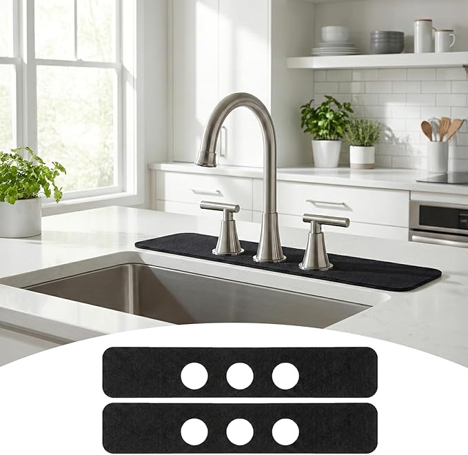 2PCS Faucet Mat for Bathroom Sink 3 Holes: 23.5’’Lx4.5’’W Splash Guard Fits 8 Inch Widespread Farmhouse Vintage Bridge Kitchen Vanity Faucet - Customizable Counter Protector for Irregular Sink
