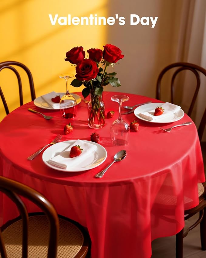 Pureegg Plastic Table Cloth Disposable 10 Pack, 84'' Round Table Cloths, Valentines Day, Thanksgiving, Christmas Decorations, Fall Tablecloths, Round, Plastic Cover, Leakproof & Sturdy, Red