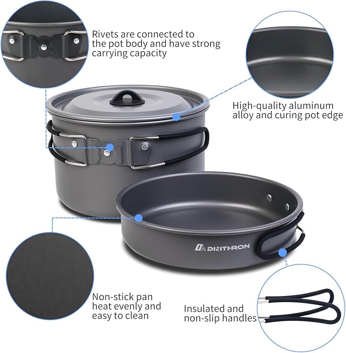 22-Piece Camping Cookware Set | Bare Hard-Anodized Aluminum Mess Kit with 3.1L Large Pot & 1.6L Camping Kettle | Uncoated Camping Kitchen Supplies & Backpacking Camping Kit