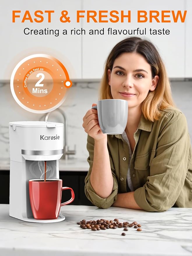 Single Serve Coffee Maker for K-Cup and Grounds, Fast Brew, 6-12 oz Brew Sizes Single Cup Coffee Maker Fits 5.5" Mugs, One-Button Small Coffee Maker, Descaling Reminder,White,9.45 Inches