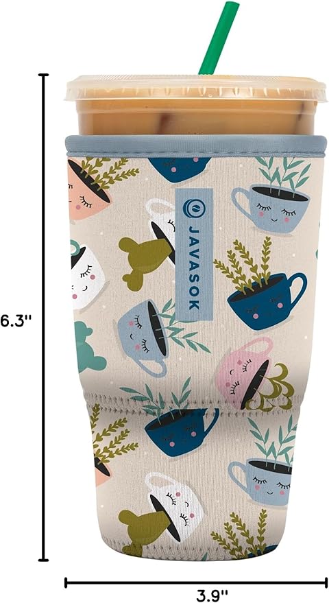 Sok It JavaSok Iced Coffee & Cold Soda Insulated Neoprene Cup Sleeve (Botanical Teacups, Large: 30-32oz)