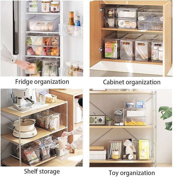 4 pack Stackable Fridge Drawers Pull-Out Bins Divided Produce Saver Containers for Refrigerator Storage Organizers for Veggie Fruit Berry Pantry Cabinet Makeup Clothes