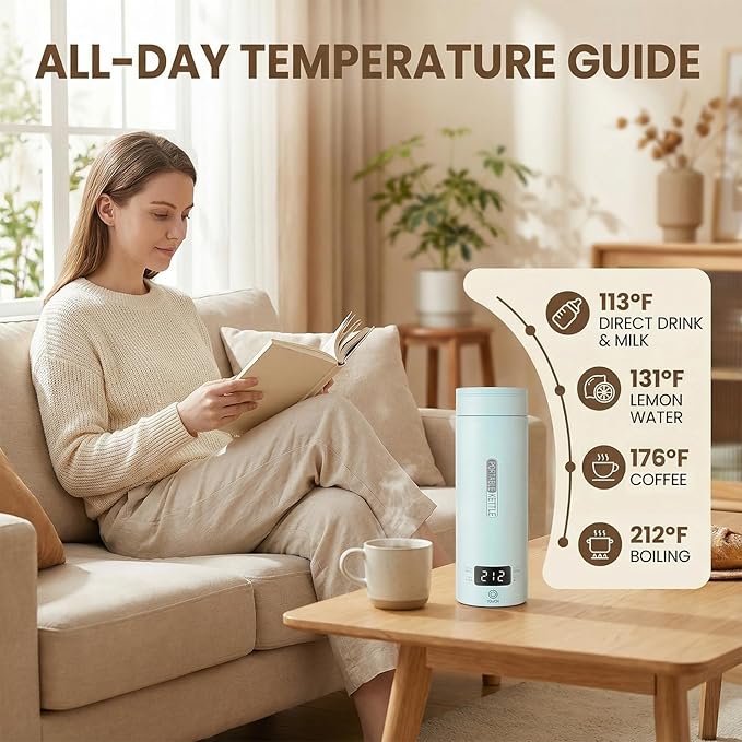 Portable Electric Kettle for Travel, Small Hot Water Kettle with NTC Temperature Control and Auto Shut-Off, 316 Stainless Steel, Blue 120V & 15oz