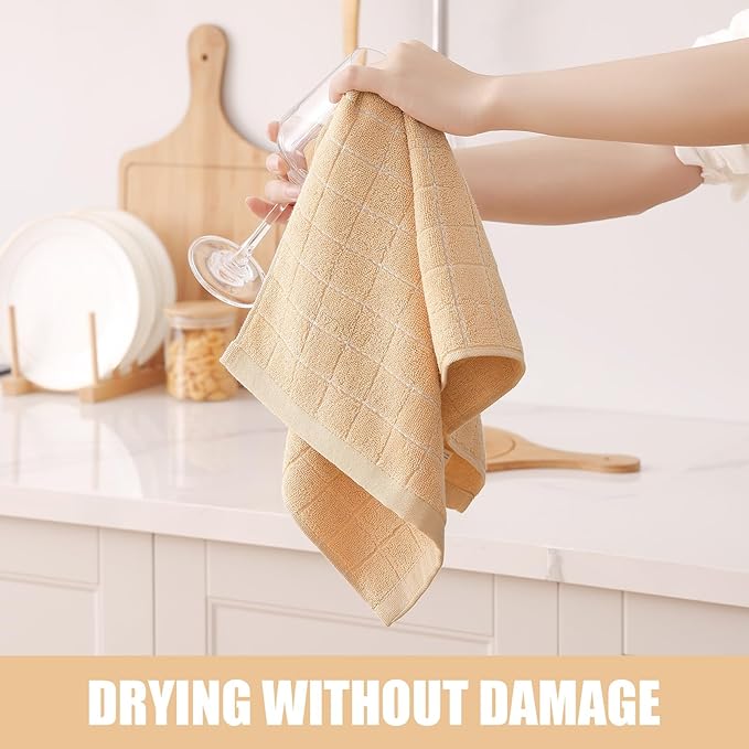 Homaxy 100% Cotton Terry Kitchen Towels(Apricot, 13 x 28 inches), Checkered Designed, Soft and Super Absorbent Dish Towels, 12 Pack