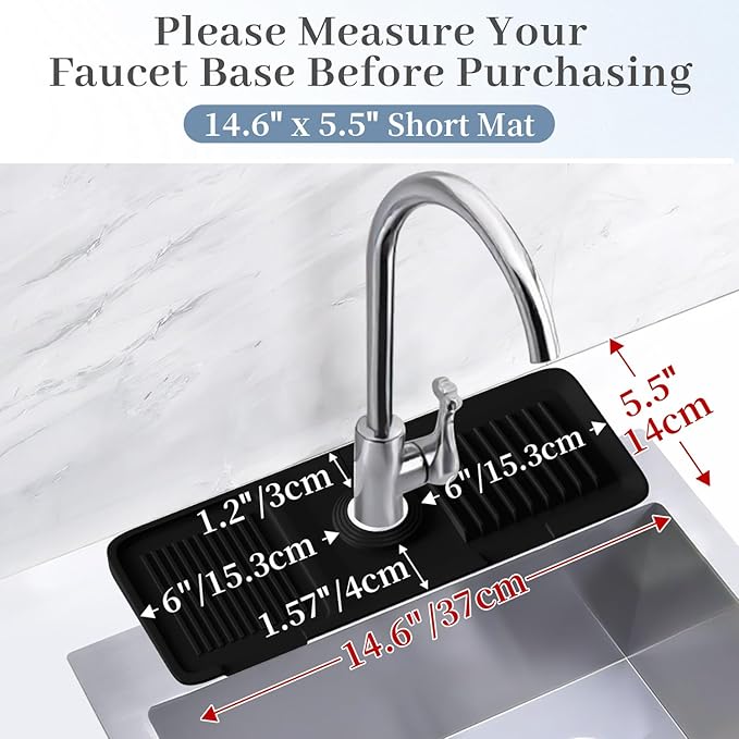 PoYang 14.6 Inch Faucet Mat for Kitchen Sink Splash Guard Behind Faucet, Sink Protectors for Kitchen Sink Faucet Mat Splash Guard for Kitchen Sink Area, Short Silicone Faucet Guard Draining Mat, Black