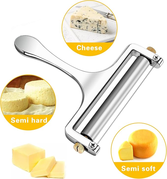 TOPULORS Wire Cheese Slicer Stainless Steel Handheld Cheese Cutter for Mozzarella, Cheddar, Gruyere - with 1 Extra Wire - Adjustable Thickness Cheese Shaver Cheese Slicers for Block Cheese (Silver)