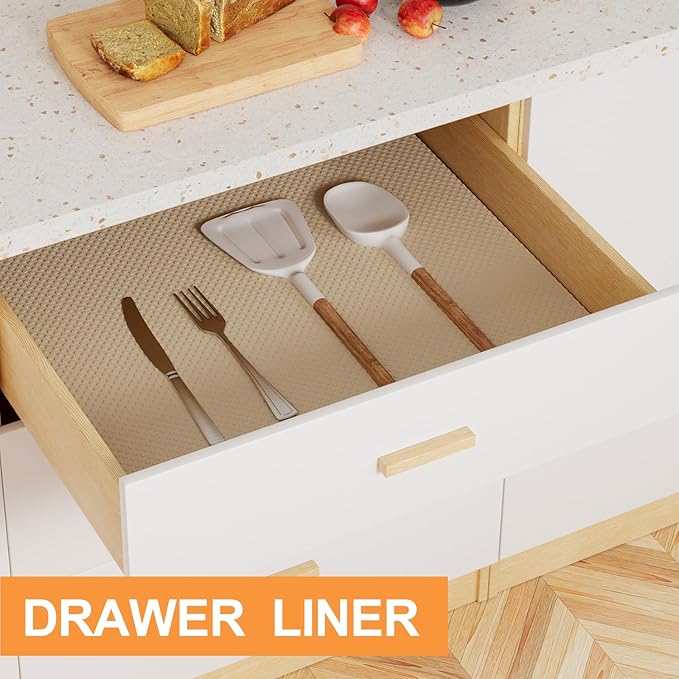 Shelf Liners for Kitchen Cabinets Waterproof - 15" W x 240" L Easy to Clean Drawer Liner - Non-Adhesive Cupboard Mat for Pantry Shelves Khaki