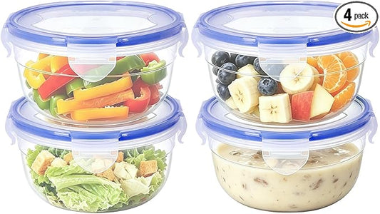 KIGI 4 PACK 20oz Plastic Round Bowls with Lid Leakproof Food Storage Container Set Small Meal Prep Containers Bento Box