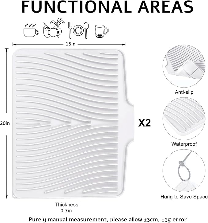 Silicone Dish Drying Mat, Stone Drying Mat for Kitchen Counter with Built-In Drain, Non-Slip Drain Pad with Built-in Drain, Heat Resistant Stone Drying Mat, Hangable, White-2pcs, 20" x 15"