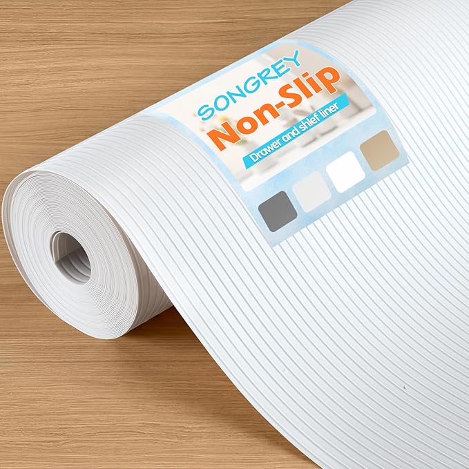 Songrey Non-Adhesive Shelf Liner, 12IN x 20FT Waterproof Cabinet & Drawer Liner, EVA Material Non-Slip Mat for Kitchen Cupboard, Refrigerator, Easy to Cut, Washable, White