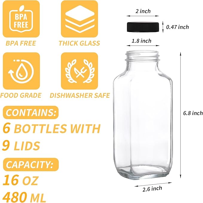 16 Oz Glass Juice Bottles with Lids 6 Set - 360ml Glass Bottles for Juicing - Reusable Juicing Bottles Glass Drinking Jars Containers for Juicing(12fl.oz, Set of 6)