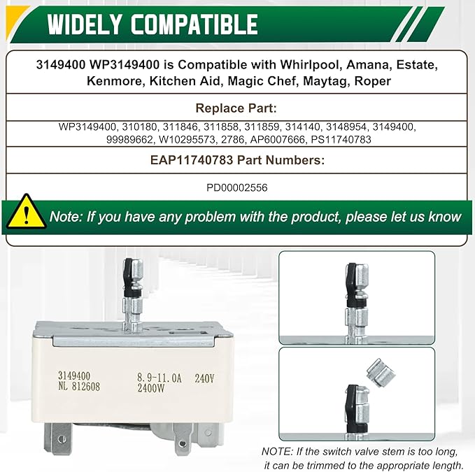 WP3149400 3149400 3148954 3148953 Range Burner Infinite Control Switch (8 Inch), Replace for WP3149404, 3148954, 314140, W10295573, 99989662, 311858, 311859, 310180, 311846, 3149400 Fits for Whirlpool