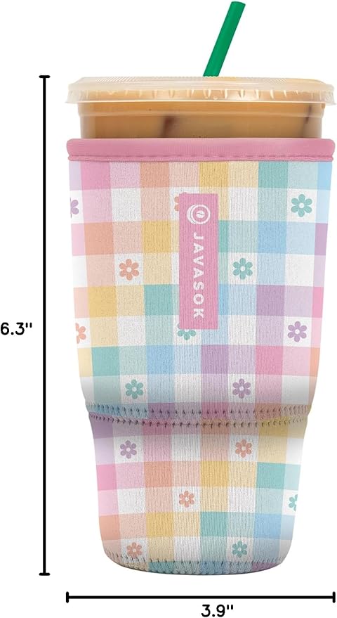 Sok It JavaSok Iced Coffee & Cold Soda Insulated Neoprene Cup Sleeve (Gingham Flowers, Large: 30-32oz)