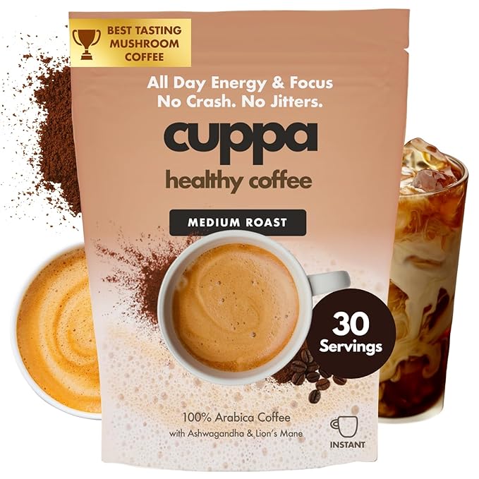 Cuppa Medium Roast Mushroom Coffee with Adaptogens & Superfoods - Lion’s Mane, Ashwagandha & Cordyceps. Adaptogens + MCT to support natural energy, mental focus & gut health (30 Servings)
