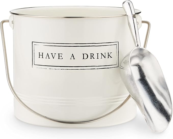 Twine Have A Drink White Enameled Metal Ice Bucket & Scoop for Parties - Wine Bottle And Beer Bottle Bucket in 1 Gallon