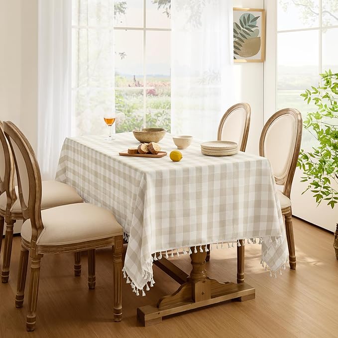 Softalker Checkered Tablecloth Rectangle, Outdoor Linen Cotton Gingham Table Cloth with Tassel, Heavy Duty Wrinkle Free Buffalo Plaid Table Cover for Kitchen Dining Summer Party - 55 x 102 Inch, Beige