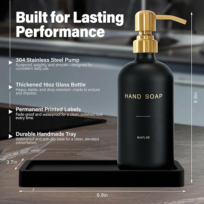 Prus Waso Black Soap Dispenser for Kitchen Sink, Hand and Dish Soap Dispenser with Stainless Steel Pump, Perfect for Gold Kitchen Accessories. (Gold & Black)
