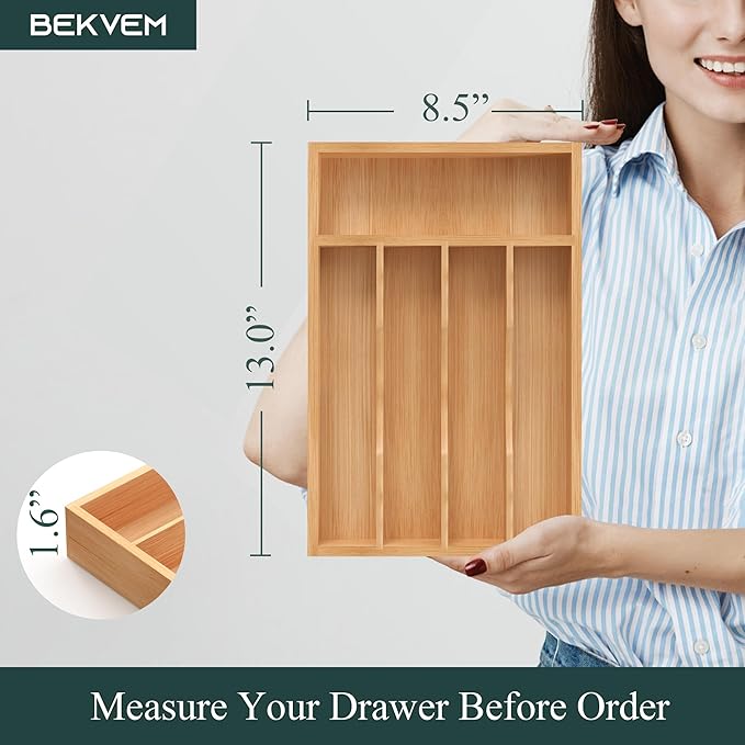 Silverware Organizer, Bamboo Kitchen Drawer Organizer, Utensil Holder, Cutlery Tray & Spoon Flatware Storage with Grooved Drawer Dividers (8.5''W x 13''D)