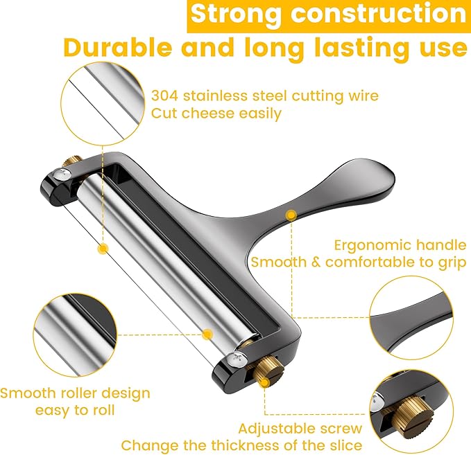 TOPULORS Cheese Slicer Cheese Cutter Stainless Steel Wire Cheese Slicer for Mozzarella, Cheddar, Gouda, And More Block Cheese - Heavy Duty Slicer With 1 Extra Replacement Cutting Wire - Gunmetal Gray