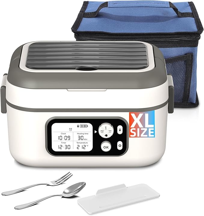 Cordless Electric Heated Lunch Box, XL 6.3Cups Rechargeable Food Warmer Lunch Box with Self Heating, Smart Timer, Adjustable Temperature, Leakproof, BPA Free, Removable Divider White